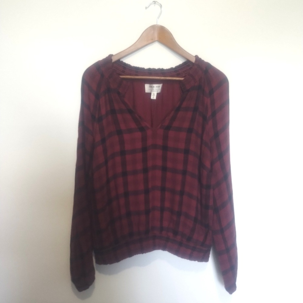 Cloth & Stone Anthropologie Blouse Womens XL Plaid V-Neck Boho